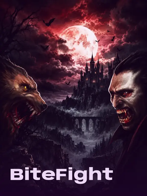 BiteFight-pelin kuvitus: ihmissusi ja vampyyri linnan edessä verenpunaisen kuun alla