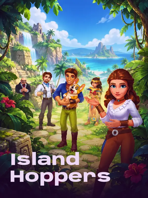 Island Hoppers -pelin kuvitus: seikkailijaperhe trooppisen saaren viidakossa