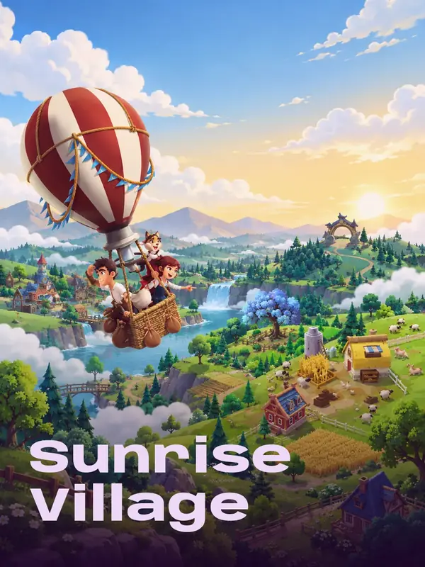 Sunrise Village -pelin kuvitus: kuumailmapallo leijuu vehreän kylän yllä