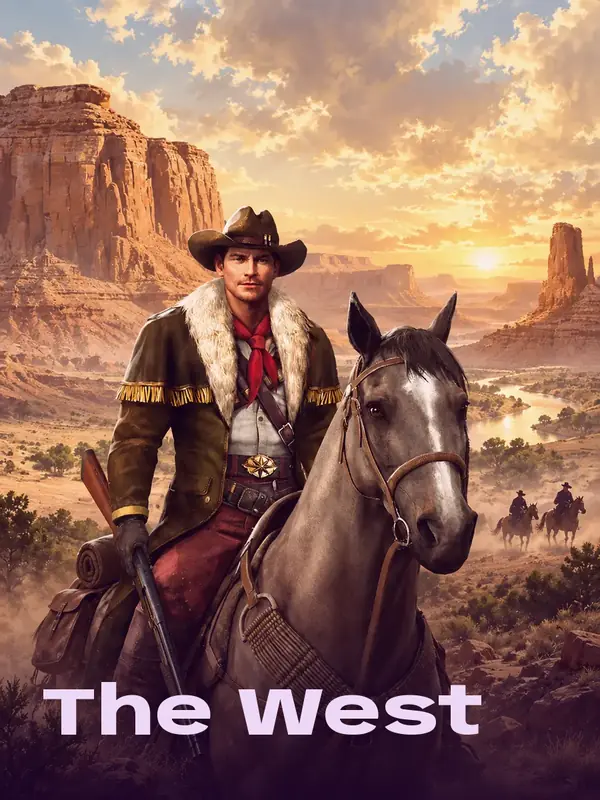 The West -pelin kuvitus: cowboy ratsastaa hevosella aavikon kanjonissa