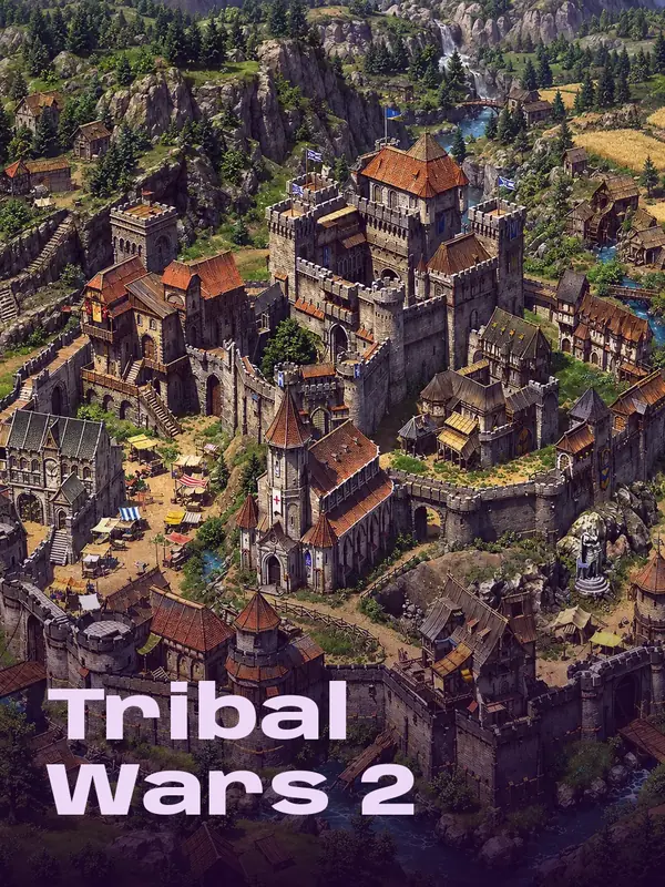 Tribal Wars 2 -pelin kuvitus: keskiaikainen linnoitus ja kylä kukkulalla